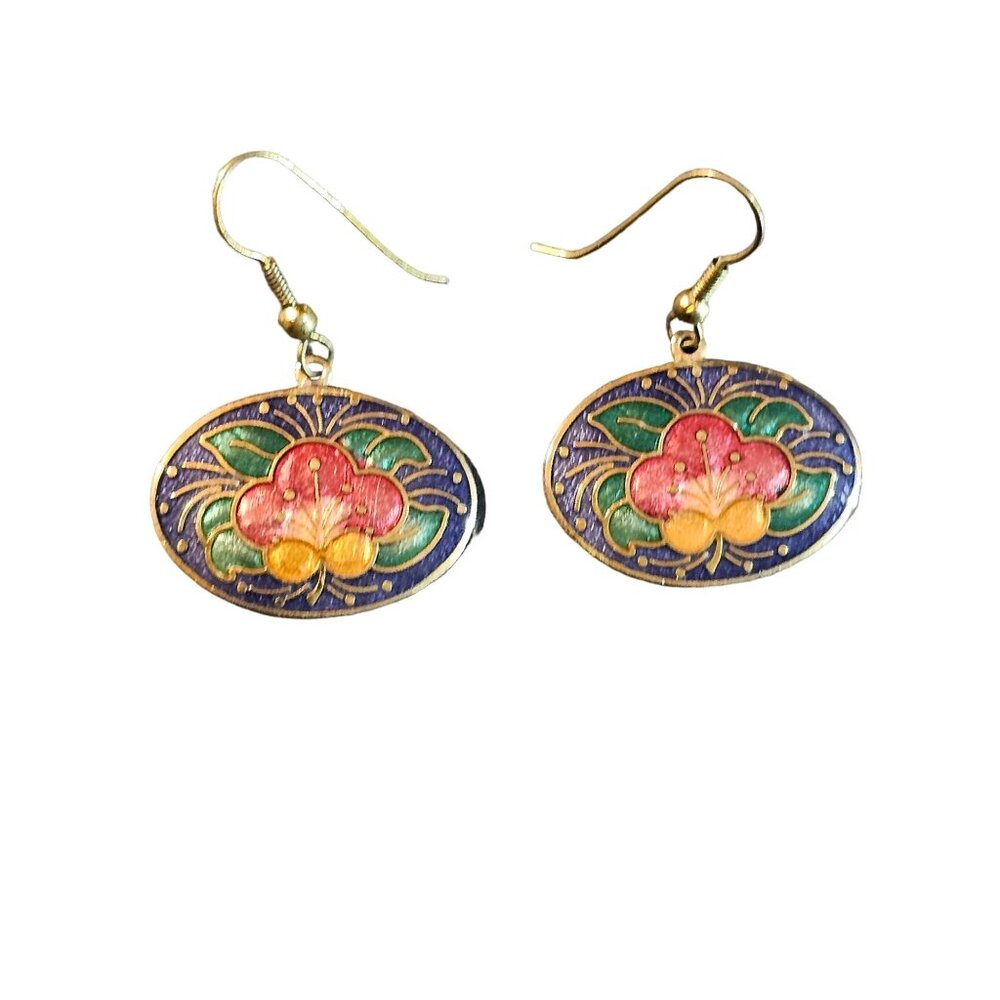 Vintage Oval Cloisonne Pink Merigold Floral Earrings